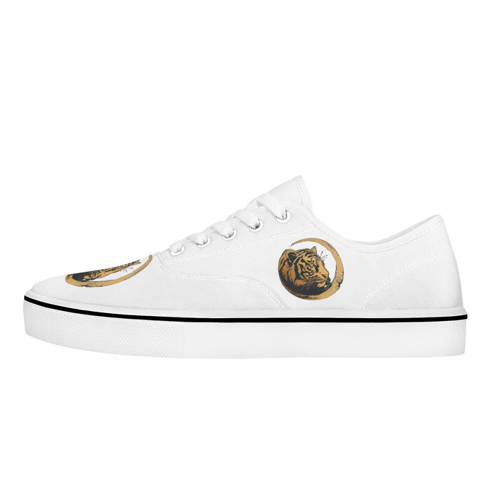 White Canvas Sneakers with Gilded Tiger Crest Motifs